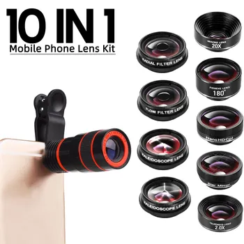 10 в 1 мобилен мобилен телефон обектива на камерата комплект за iPhone X XS 11 6 7 8 широкоъгълен и макро смартфон рибешко око увеличение на телескопа универсален