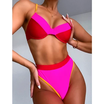 High cut sexy bikini Push up swimwear women 2020 оребрена комплект бикини с висока талия и спортен женски бански костюм от плътен розов бански