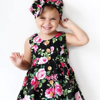 1-7 Години Baby Girls Ръкави Цветен Принт Рокли, Облекло Децата Лято Принцеса Рокля Buttonbaby Дете
