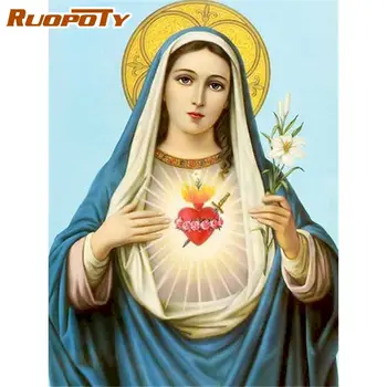 RUOPOTY 60x75cm в рамка с блажна боя по номера комплекти Дева Мария картина по номера на акрилна пигментная за оцветяване на платно монтаж на стена снимка