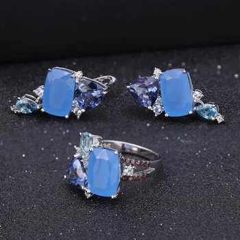 GEM'S BALLET Natural Aqua-blue Calcedony геометрични ежедневни бижута 925 сребро пръстен обеци комплект бижута за жени, подарък