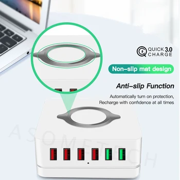 72W USB Socket Charger Station 10W Wireless Dual QC3.0 Fast Charging Adapter 6 портове USB Charger за iPhone Xs 11 Huawei, Xiaomi