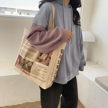 Нов дизайн на дамски холщовая чанта през рамото на Алиса в Страната на Чудесата пазарски чанти Студентски Портретно чанта памучен плат Мъкна чанти за момичета