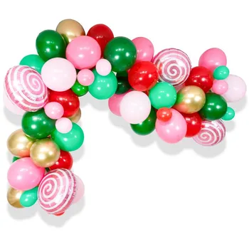 Весела Коледа балон арка венец комплект 85шт зелено червено злато с бонбони, балон за Коледа, Нова година декорация парти