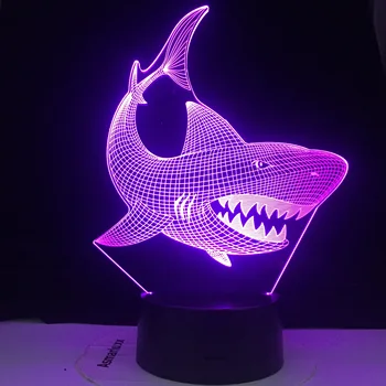 Цвят на сменяеми LED 3D илюзия визуален лека нощ украса спални светлината новост маса с настолна лампа детски подарък акула риба