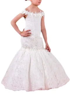 Красиво цвете момиче рокли малки бели дантели с рамо Русалка рокля деца Бала рокля