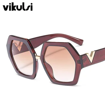 Нова тенденция полигональные слънчеви очила за дами голям кадър марка ретро слънчеви очила с големи слънчеви очила елегантен дамски UV400