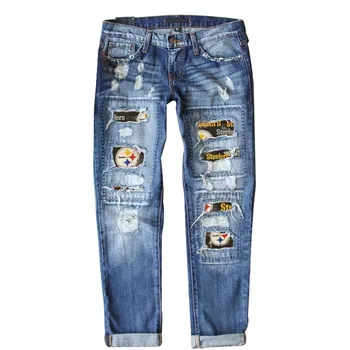 Дамски Бъфало каре печат скъсани дънки Patchworks обичайната кацане дълги случайни джинси с дупки FEA889