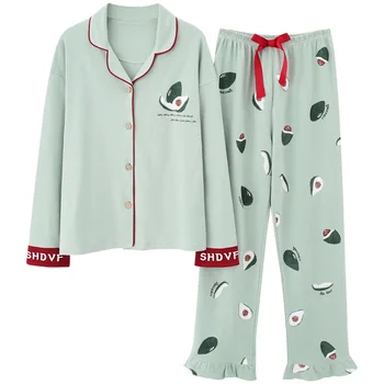 Мода авокадо пижами дамски памучни пижами удобни пижами Mujer голям размер пижами свободни домашна мека пижама 3XL