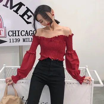 Дамски модни Секси Слаш врата топ тениска есен елегантен бял черен червен партия плътен цвят мека еластична блуза