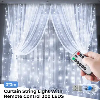 3m LED Фея Светлини Garland Curtain Lamp Remote Control USB String Светлини New Year Christmas Decorations for Home Bedroom Window