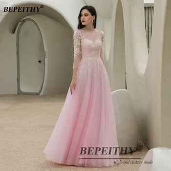 BEPEITHY Pink Dress Long Evening Party White Lace For Women на A-Line Floor Length Open Back Prom Dress Girls Homecoming 2020 New