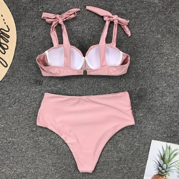 Прашни розово Ruched висока талия бикини определя секси мек бански костюм от две части бански костюми за жени 2019 плаж бански костюми