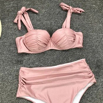 Прашни розово Ruched висока талия бикини определя секси мек бански костюм от две части бански костюми за жени 2019 плаж бански костюми