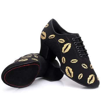 Дамски Устна печатни меки Сплит подметките на маратонки Салса латински танц обувки Оксфорд кърпа 5 см среден наклон бални обувки обувки за обучение