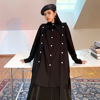 [ИАЛ] жените реколта бутона украса черна блуза нов ревера с дълъг ръкав свободна засаждане риза прилив на мода пролет есен 2021 1DD3781