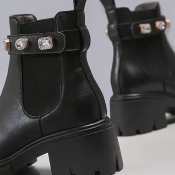 Дамски естествена кожа буци петата платформа ботильоны crytal мода дамски есен къса bootiese високо качество удобни обувки