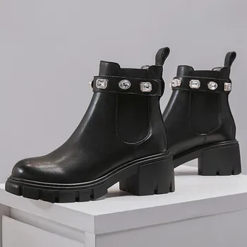 Дамски естествена кожа буци петата платформа ботильоны crytal мода дамски есен къса bootiese високо качество удобни обувки