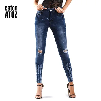 CatonATOZ 2202 Ladies Plus Size дънки с висока талия памук участък панталони, дънки за момичета дамски дънкови панталони скъсани тесни панталони
