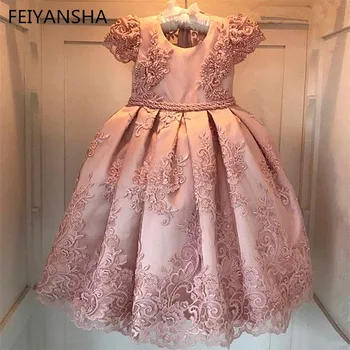 Розови момичета цветни рокли за партита vestido daminha перли колан лук Cap ръкави цвети рокля дантела рокля за Първо причастие