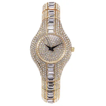 Дамски елегантни часовници Bling Iced Out 18K Gold CZ Кварцов ръчен часовник жени луксозна марка дамски часовници, Водоустойчиви часовници бижута