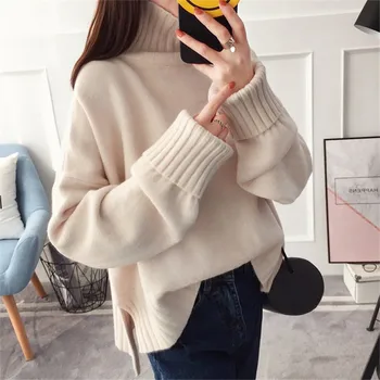2020 корейски висок силует тънък топло червено вязаный пуловер жена топ есен зима увеличен размер на свободен вязаный пуловер с висока яка