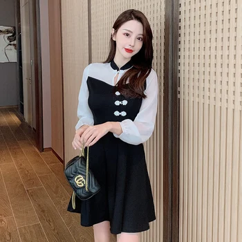 COIGARSAM китайски стил на жената едно парче рокля корейски Рокли ретро рокля черно 8102