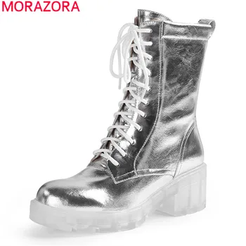MORAZORA / 2020 г. обувки от естествена кожа на площада обувки с кръгло бомбе дамски обувки на платформа, модерен зимни ботильоны с шнур за жени