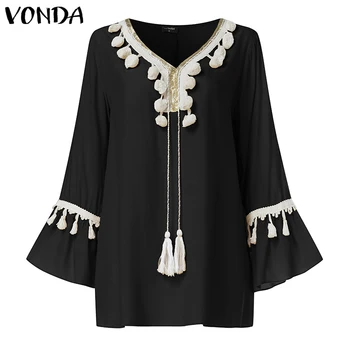 VONDA Туника дамска блуза 2021 есен плюс размера на върховете на ежедневните девет четвърти расклешенный ръкав богемные Blusas женски реколта ризи с принтом