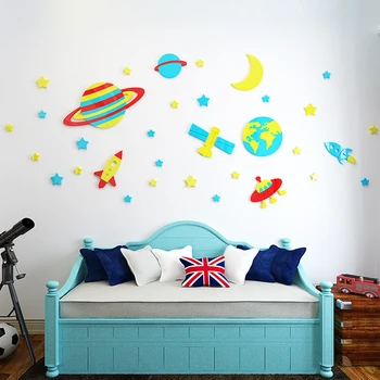 Space Star Луната 3d акрилни стикер на стената детска стая, детска градина декорация стикери карикатура украса спални тапети