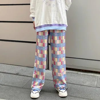 Ежедневни панталони бонбони цвят каре свободни широко крака Висока Талия корейски стил Feminino панталони стилен Всичко мач сладка градинска облекло е шик