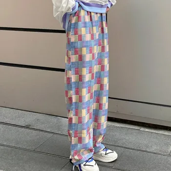 Ежедневни панталони бонбони цвят каре свободни широко крака Висока Талия корейски стил Feminino панталони стилен Всичко мач сладка градинска облекло е шик