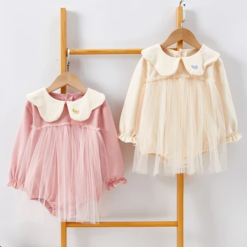 2020 Нов Корейски Стил Baby Girls Flower Dress Гащеризон +Шапка Есента На Бебе Baby Girl Гащеризон Памучни Дрехи С Дълъг Ръкав