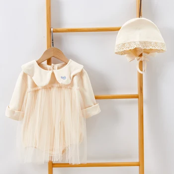 2020 Нов Корейски Стил Baby Girls Flower Dress Гащеризон +Шапка Есента На Бебе Baby Girl Гащеризон Памучни Дрехи С Дълъг Ръкав