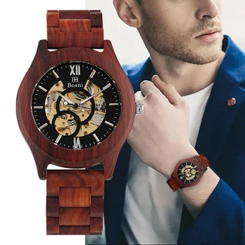 Royal червено сандалово дърво и дървени часовници, механични часовници Най луксозни мъжки автоматичен часовник пълен регулируема каишка часовник erkek кол saati