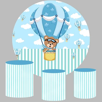 Синьо и бяло кръг фон горещи балони момче рожден ден декор мече на Baby Shower новородено кръг банер корица фотозона
