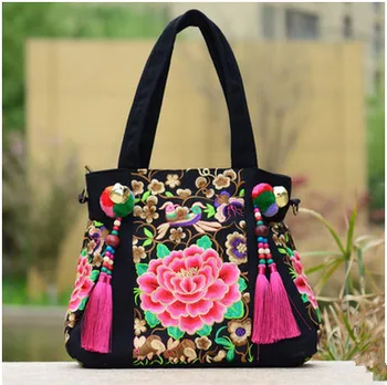 Мода бродерия многофункционален Дамски чанти за пазаруване!Добър цветя, бродирани Дама пискюл рамо и чанти реколта случайни carrier