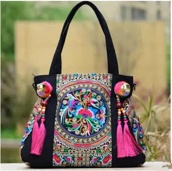 Мода бродерия многофункционален Дамски чанти за пазаруване!Добър цветя, бродирани Дама пискюл рамо и чанти реколта случайни carrier