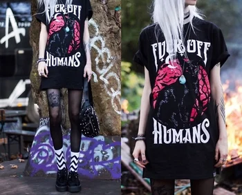 Fashionshow-JF Против Humans Cat Funny Printed T Shirt Women с къс ръкав памук тъмен готик стил улични съоръжения