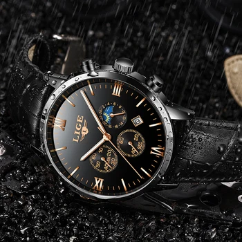 LIGE New Moon Phase мъжки часовник Top Brand Luxury Date Automatic Watch мъжете Кожена каишка, кварцов часовник за мъже relogio masculino