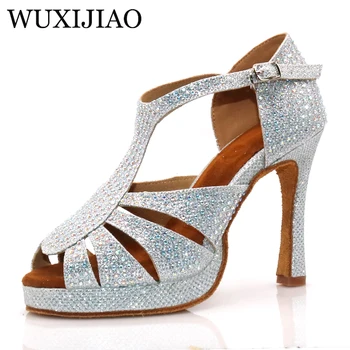 WUXIJIAO new women ' s silver мигащи cloth dance shoes кристали салса обувки бални танци обувки широка с 10 см