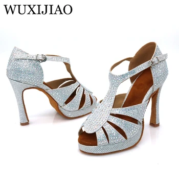 WUXIJIAO new women ' s silver мигащи cloth dance shoes кристали салса обувки бални танци обувки широка с 10 см
