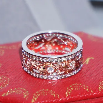 Горещи продажба розово злато и сребро 925 кв. винтидж очарованието, ясно CZ Голям пръстен за жени луксозни мода цвете бижута