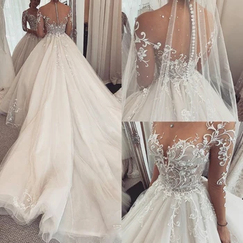 Очарователно дантелено сватбена рокля 2020 robe de mariee Чисто сватбени рокли с дълъг ръкав на поръчка Illusion A-Line Bride Dresses