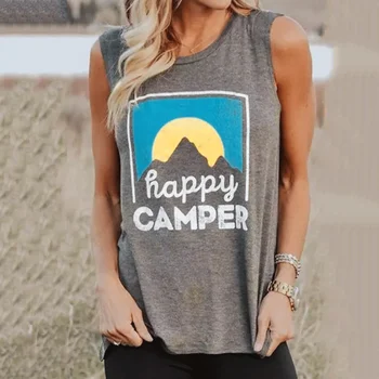 2020 годишният камизола HAPPY Camper печатна буква кръг деколте без ръкави, тениска жилетка