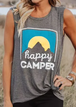 2020 годишният камизола HAPPY Camper печатна буква кръг деколте без ръкави, тениска жилетка