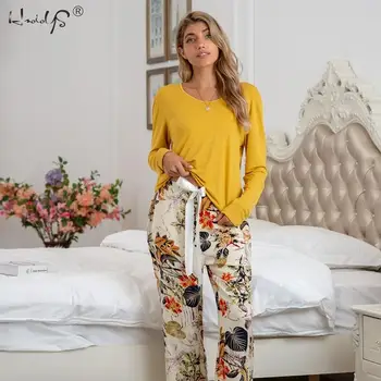 Дамски модальная домашно облекло пролет есен дамски пижами Дамски домашна модальная 2 бр комплект макси пижама пижами дамски комплект печат