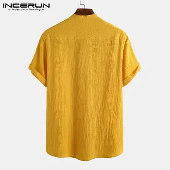 Лято плътен цвят риза мъжете с къс ръкав casual Марка на градинска дишаща блуза 2021 ретро Harajuku Camisas Hombre INCERUN