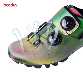 Boodun Колоездене обувки пътят е планински велосипед МТВ обувки с ключалки, ключалки цветни дишащ микрофибър горния найлон подметка обувки под наем