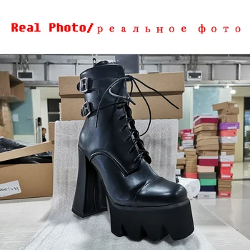 RIBETRINI Секси Brand Lady Block Heel дизайнерски черни обувки с цип твърди обувки на високи токчета и дантели глезена Дамски ботуши зимни ботуши